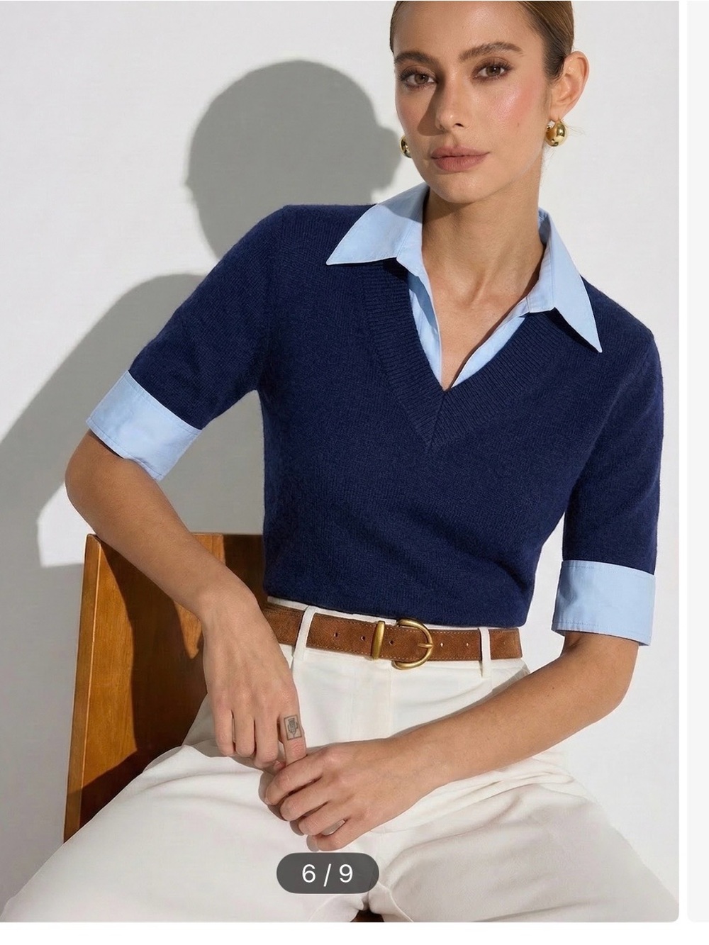 Commense Navy Short Sleeve V-Neck Top with Light Blue Collar